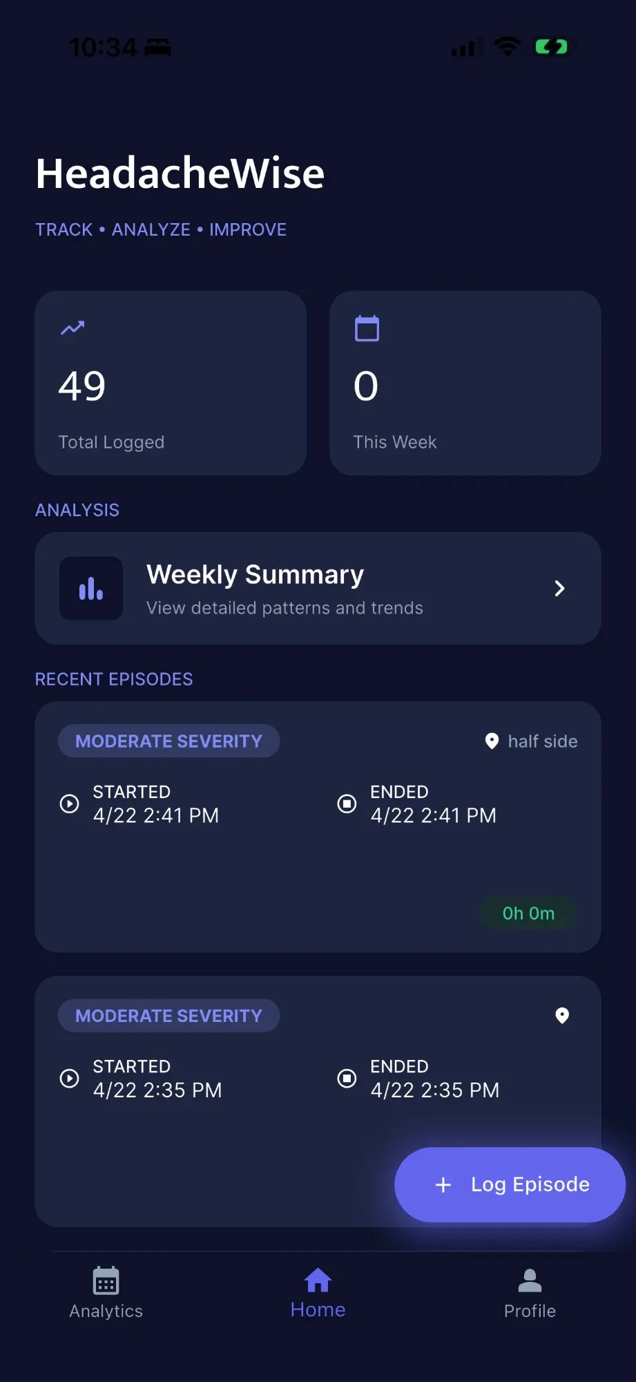 HeadacheWise home screen with total episodes logged and recent episodes
