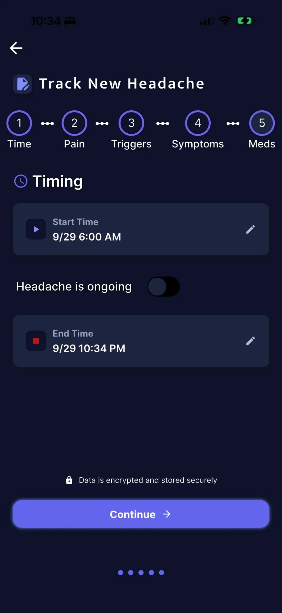 HeadacheWise Track New Headache screen with five steps: time, pain, triggers, symptoms, meds