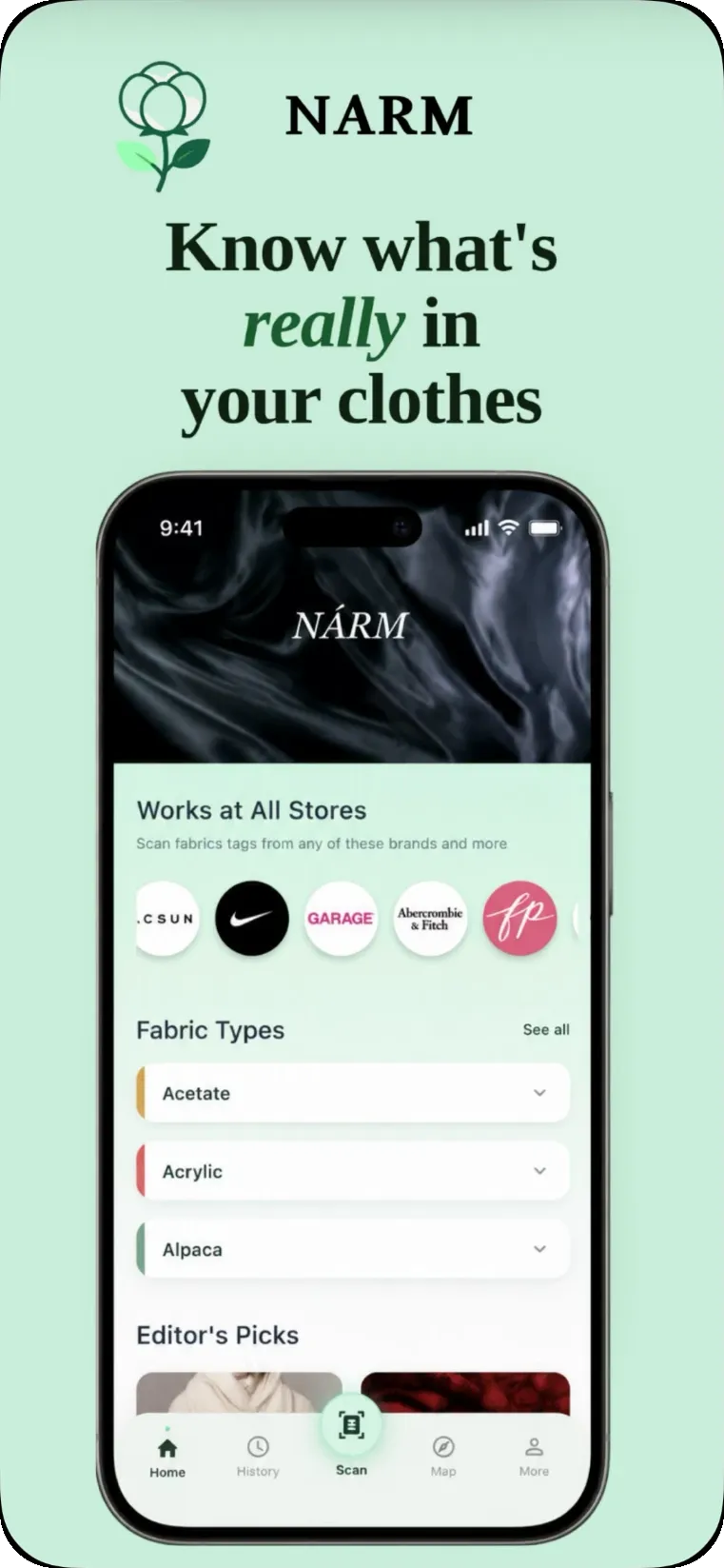 Nárm App Store panel: home screen with supported brands and fabric types