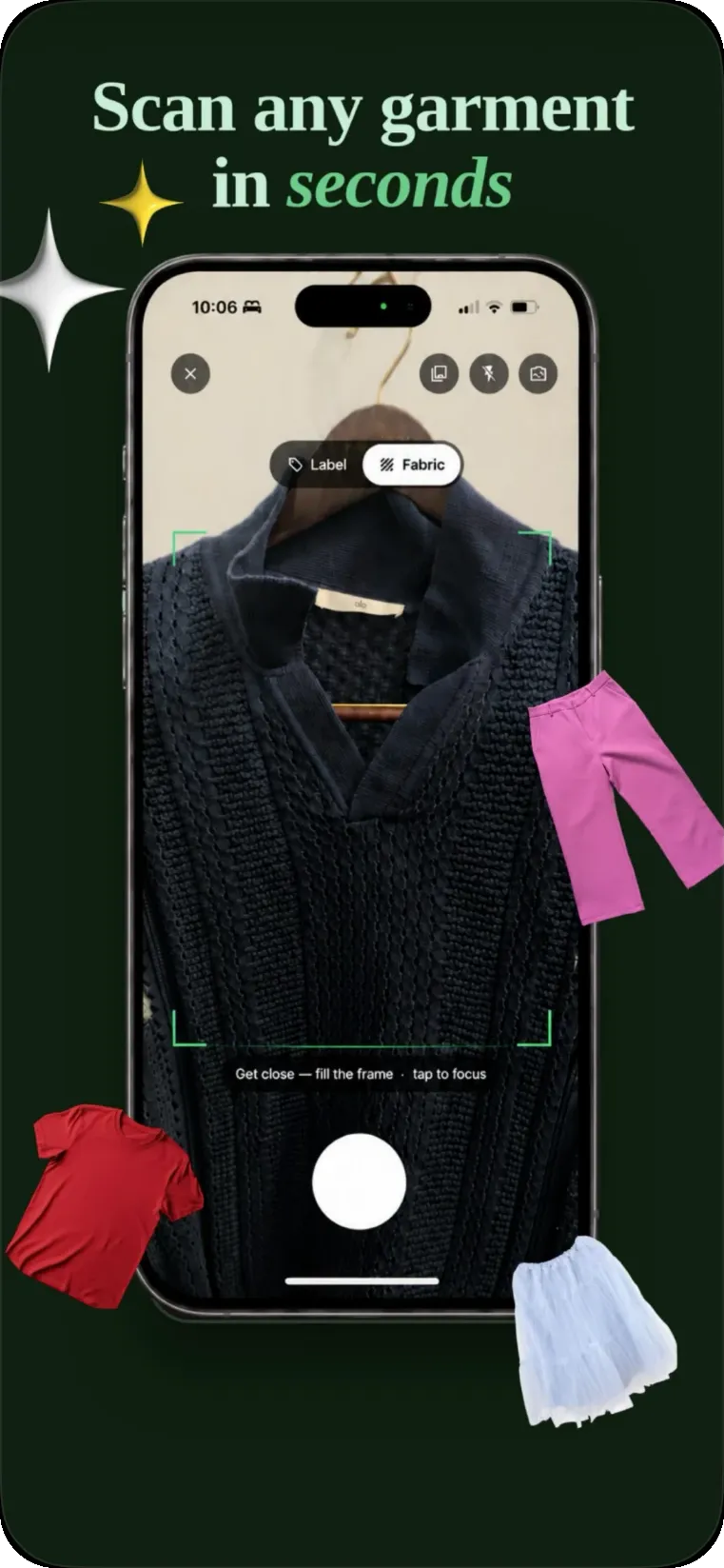 Nárm App Store panel: scan any garment in seconds, showing the camera in fabric mode on a knit sweater