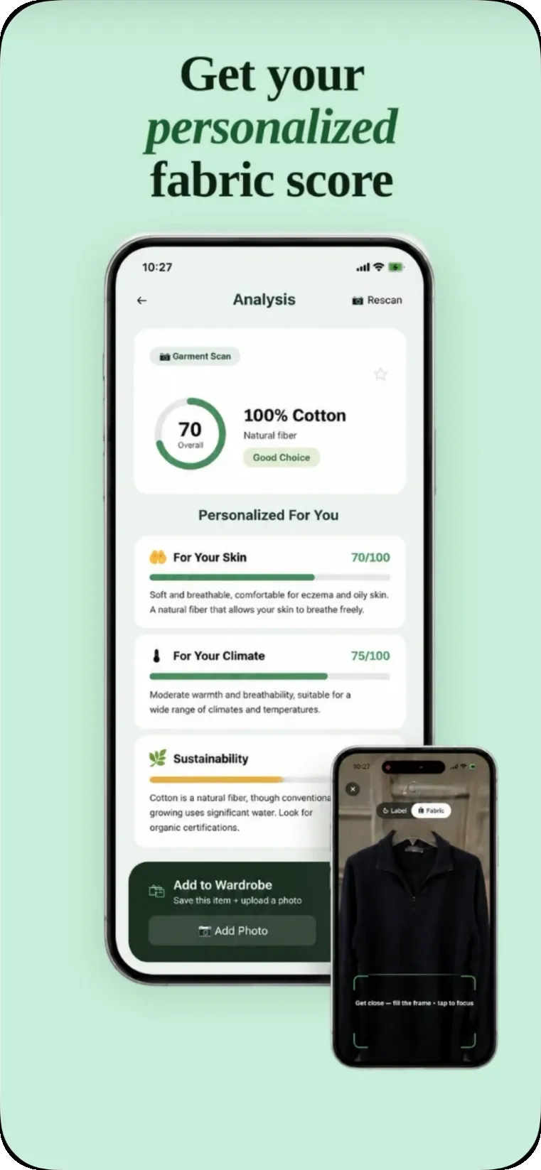 Nárm App Store panel: personalized fabric score for a 100% cotton garment