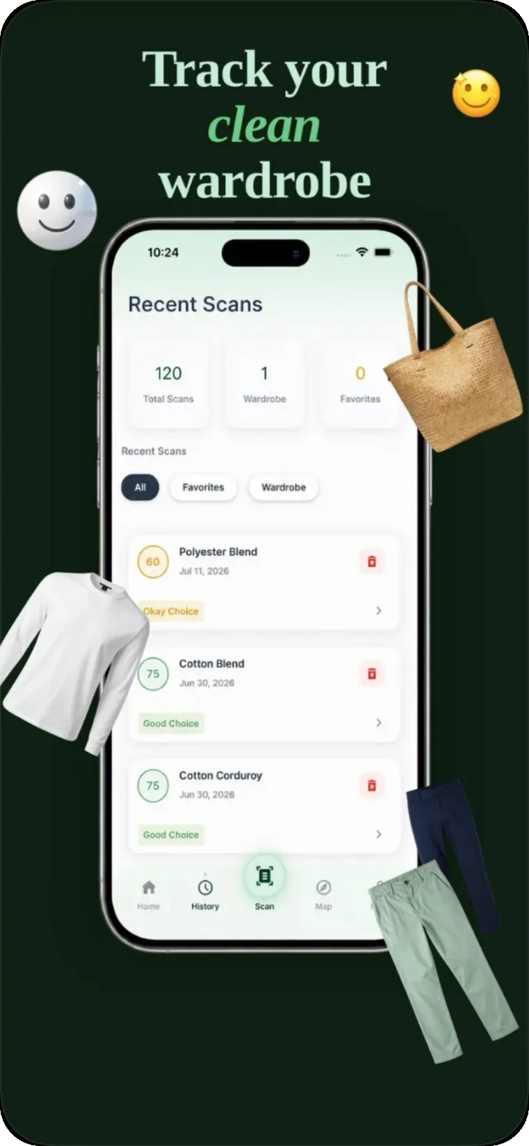 Nárm App Store panel: recent scans list with scores and a wardrobe tab